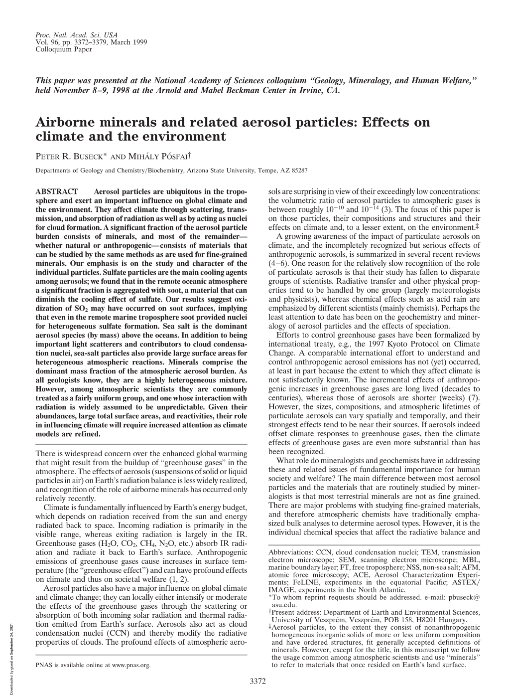 Airborne Minerals and Related Aerosol Particles: Effects on Climate and the Environment