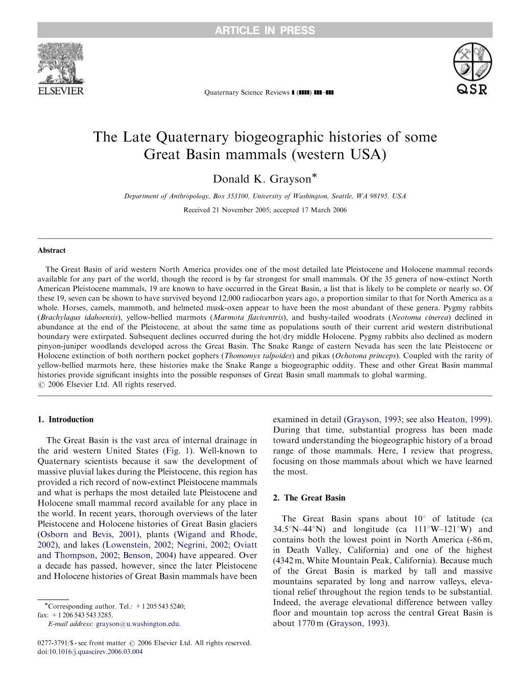 The Late Quaternary Biogeographic Histories of Some Great Basin Mammals (Western USA)