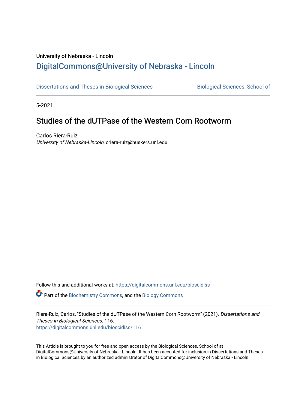 Studies of the Dutpase of the Western Corn Rootworm
