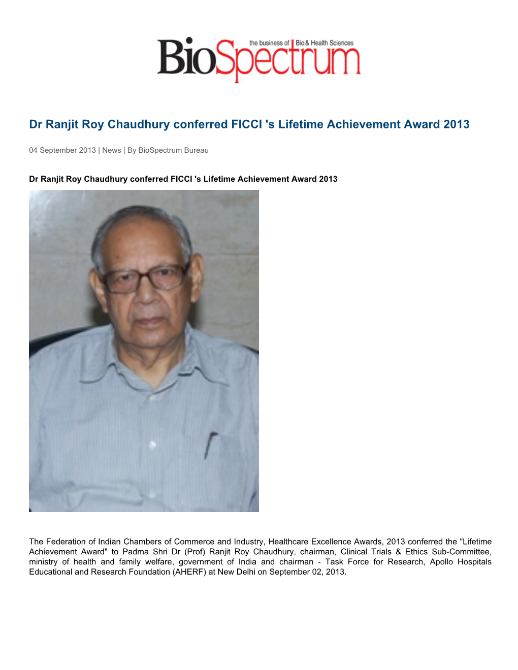 Dr Ranjit Roy Chaudhury Conferred FICCI 'S Lifetime Achievement Award 2013