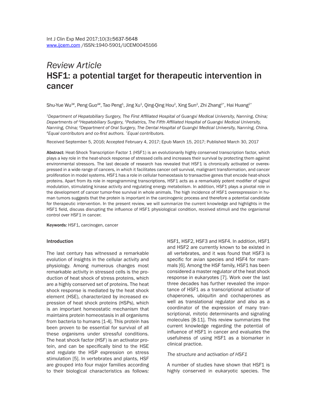 Review Article HSF1: a Potential Target for Therapeutic Intervention in Cancer