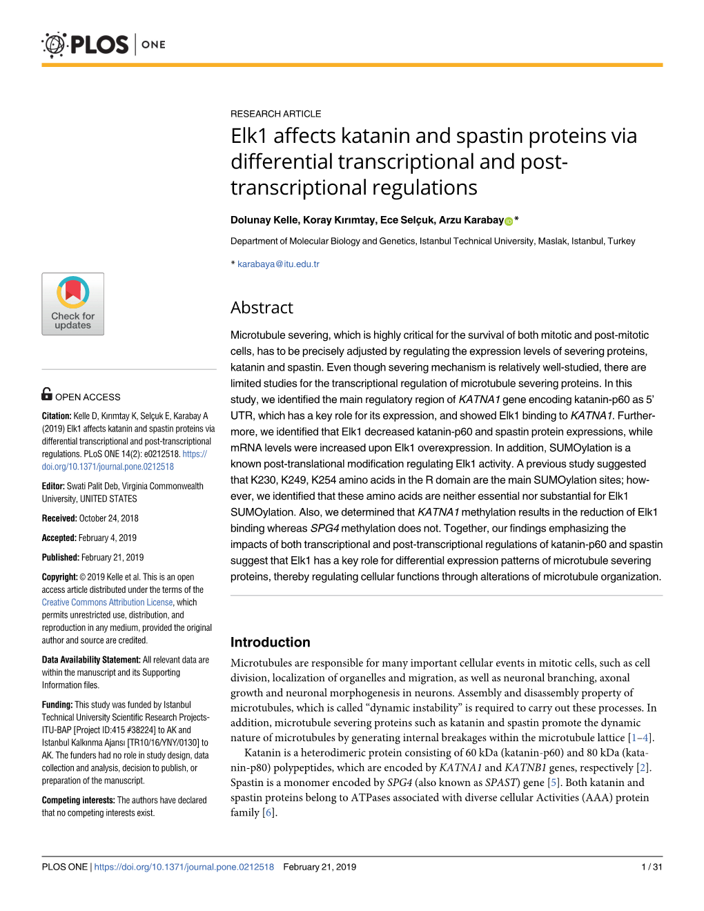 Elk1 Affects Katanin and Spastin Proteins Via Differential Transcriptional and Post- Transcriptional Regulations