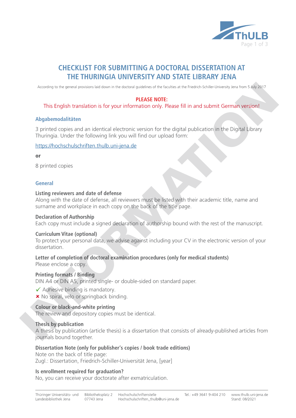 Checklist for Submitting a Doctoral Dissertation at the Thulb