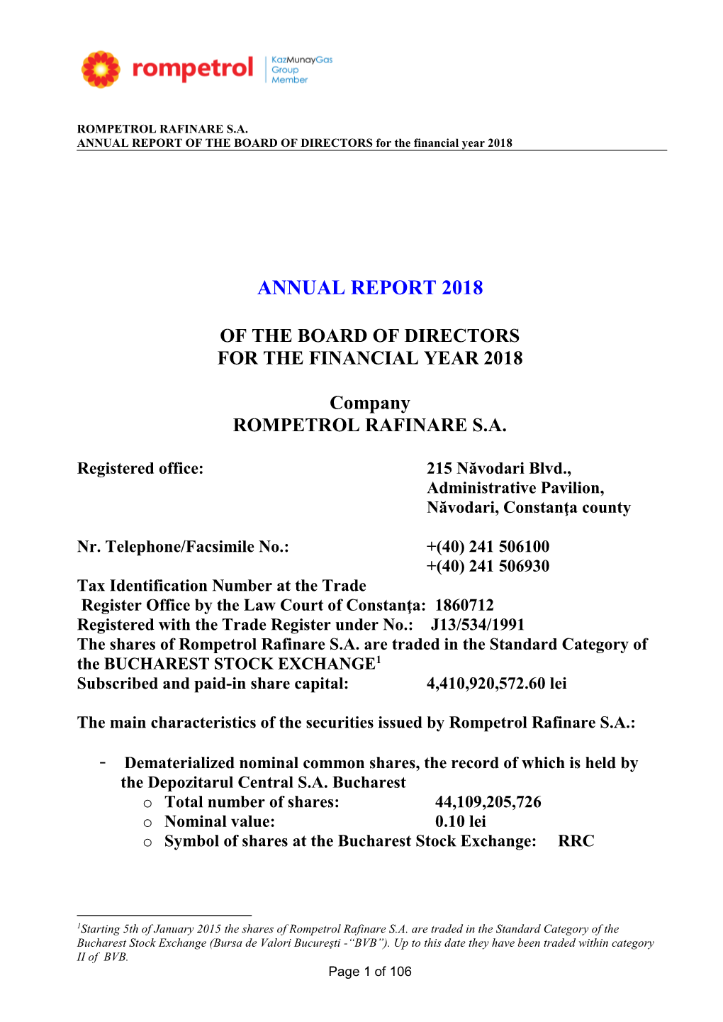ANNUAL REPORT of the BOARD of DIRECTORS for the Financial Year 2018
