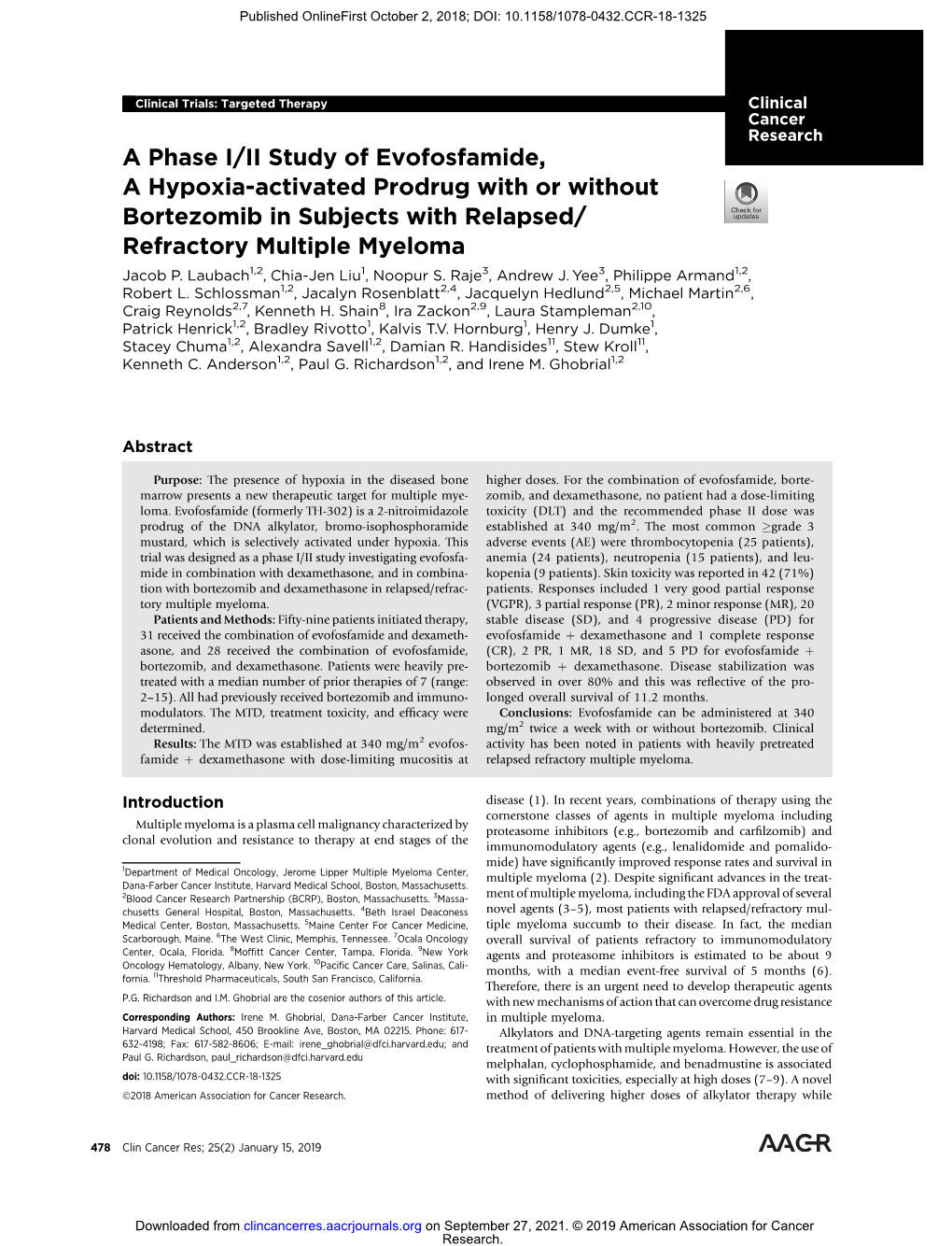 A Phase I/II Study of Evofosfamide, a Hypoxia-Activated Prodrug with Or Without Bortezomib in Subjects with Relapsed/ Refractory Multiple Myeloma Jacob P