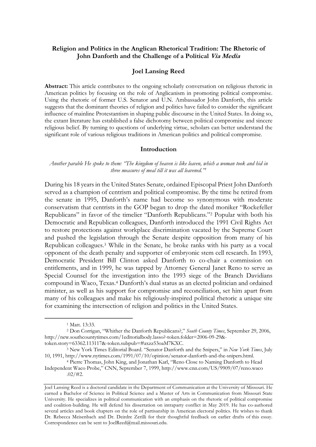 Religion and Politics in the Anglican Rhetorical Tradition: the Rhetoric of John Danforth and the Challenge of a Political Via Media