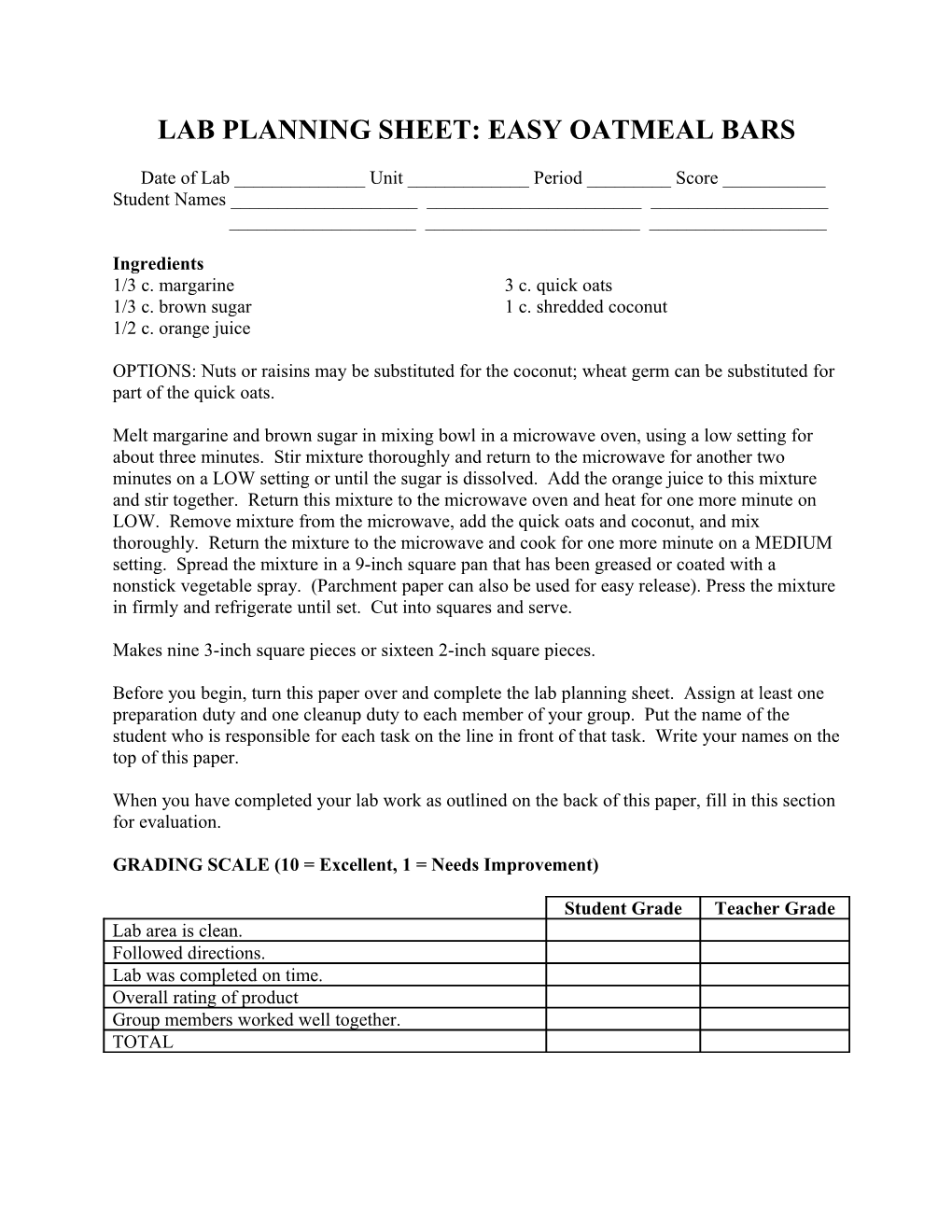 Lab Planning Sheet: Easy Oatmeal Bars