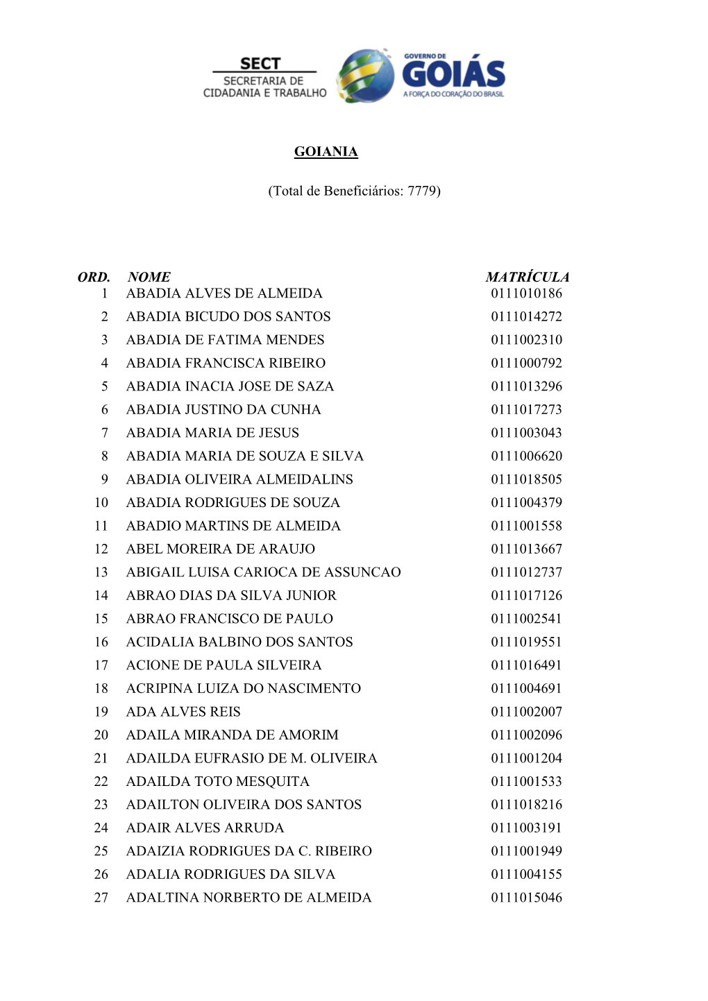 Ord. Nome Matrícula 1 Abadia Alves De Almeida 0111010186