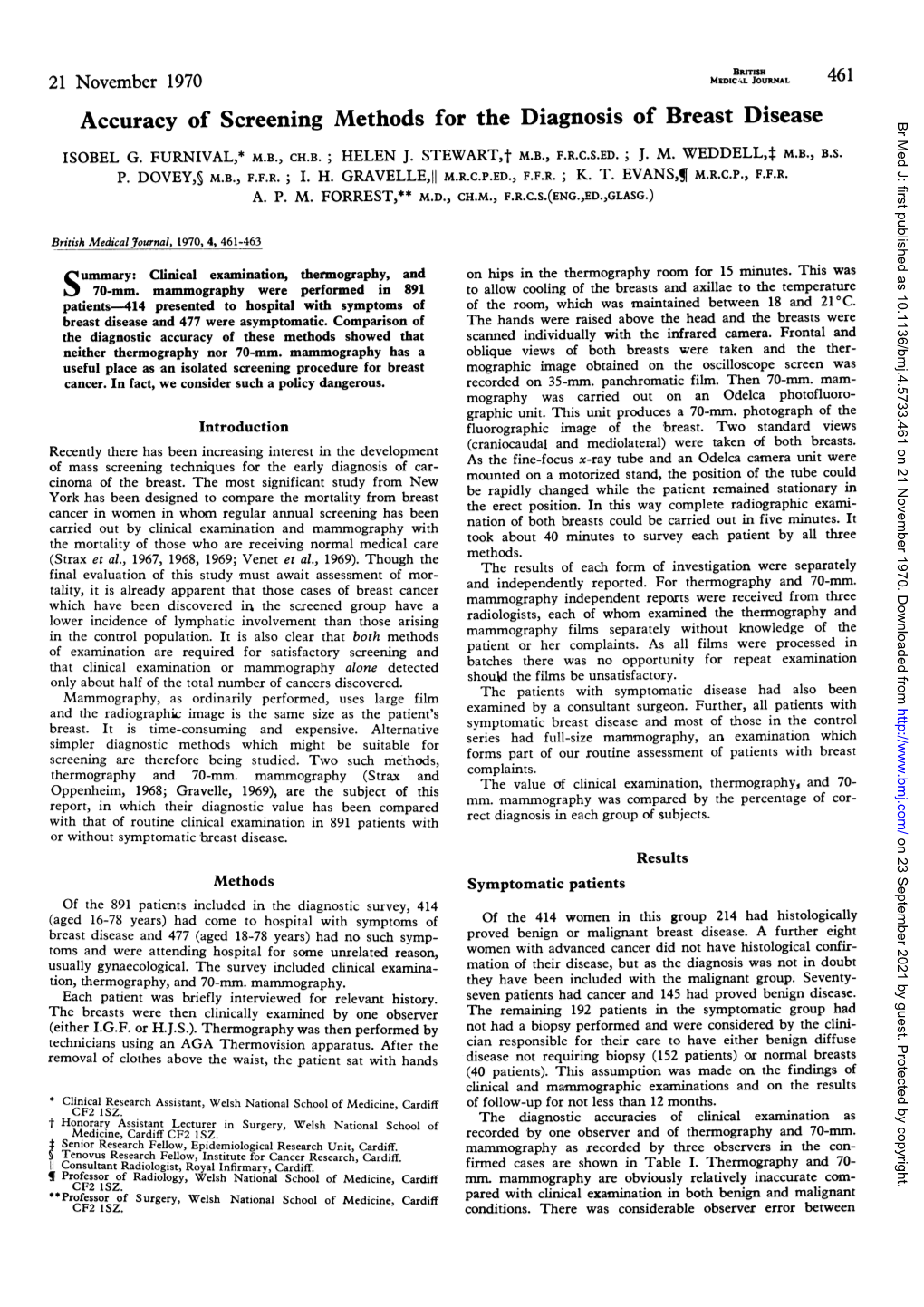 Accuracy of Screening Methods for Thediagnosis of Breast Disease