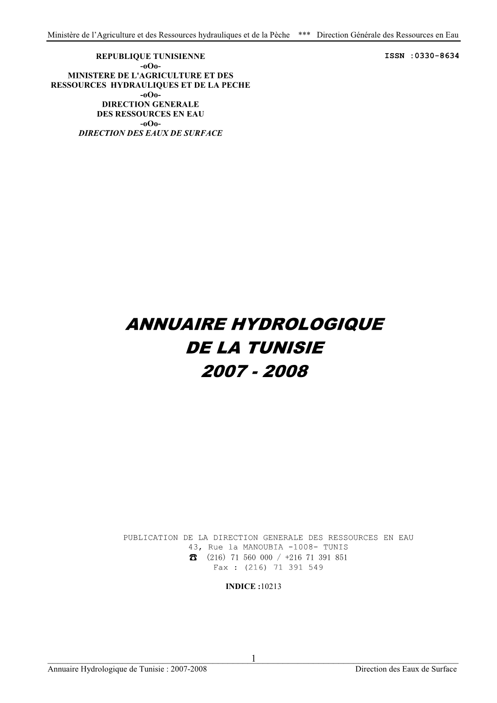 Annuaire Hydrologique De La Tunisie 2007 - 2008
