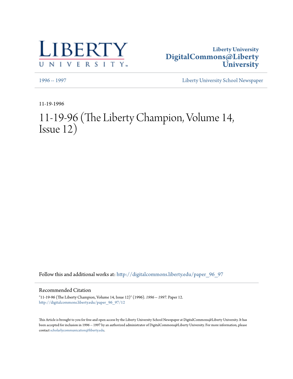 Liberty University. It Has Been Accepted for Inclusion in 1996 -- 1997 by an Authorized Administrator of Digitalcommons@Liberty University