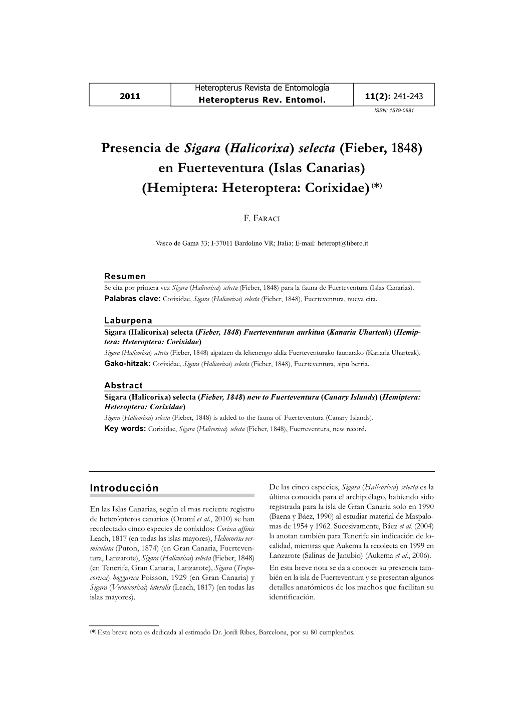 Presencia De Sigara (Halicorixa) Selecta (Fieber, 1848) En Fuerteventura (Islas Canarias) (Hemiptera: Heteroptera: Corixidae) (*)