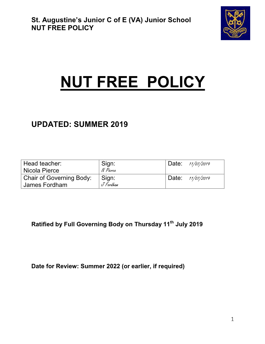 Nut Free Policy