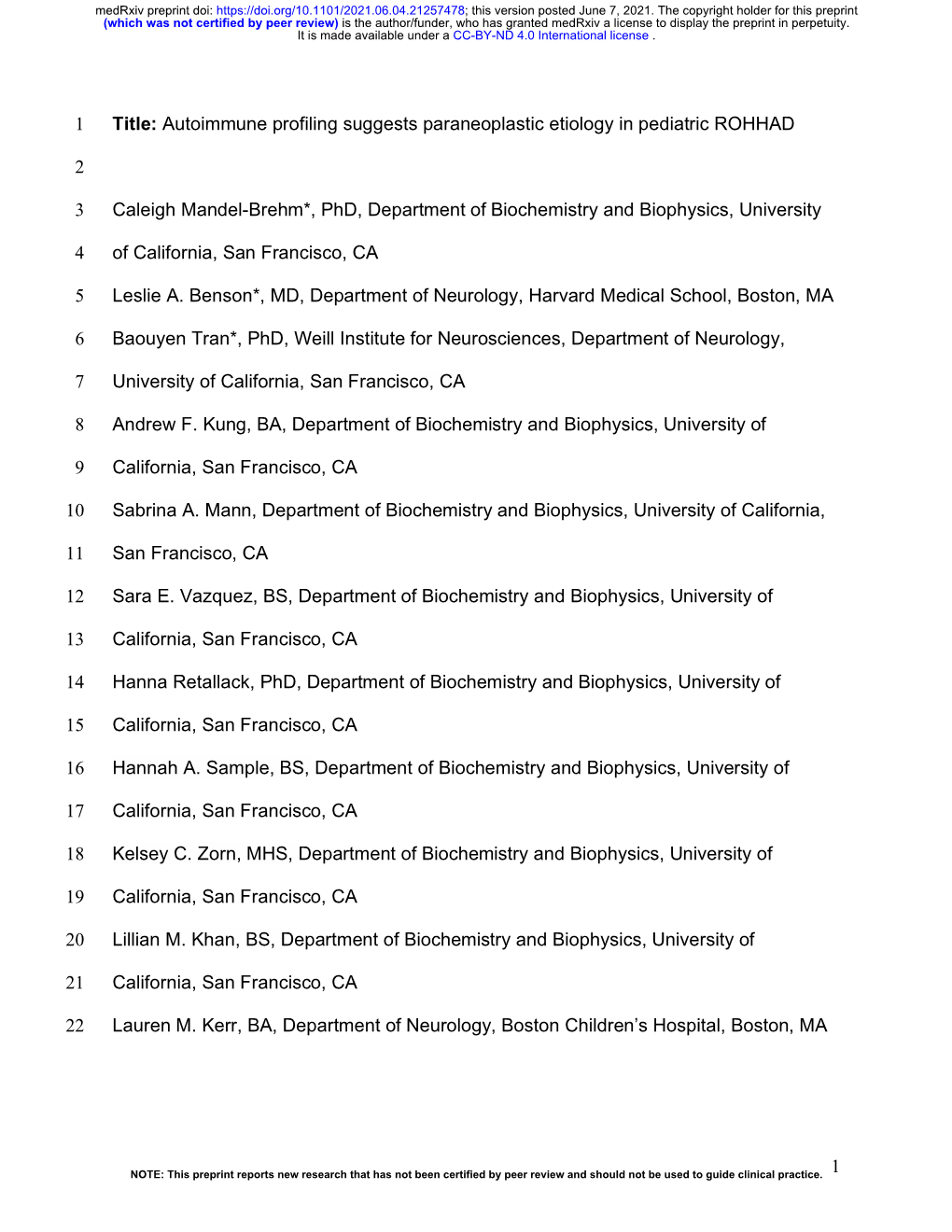 1 Title: Autoimmune Profiling Suggests Paraneoplastic Etiology in Pediatric ROHHAD