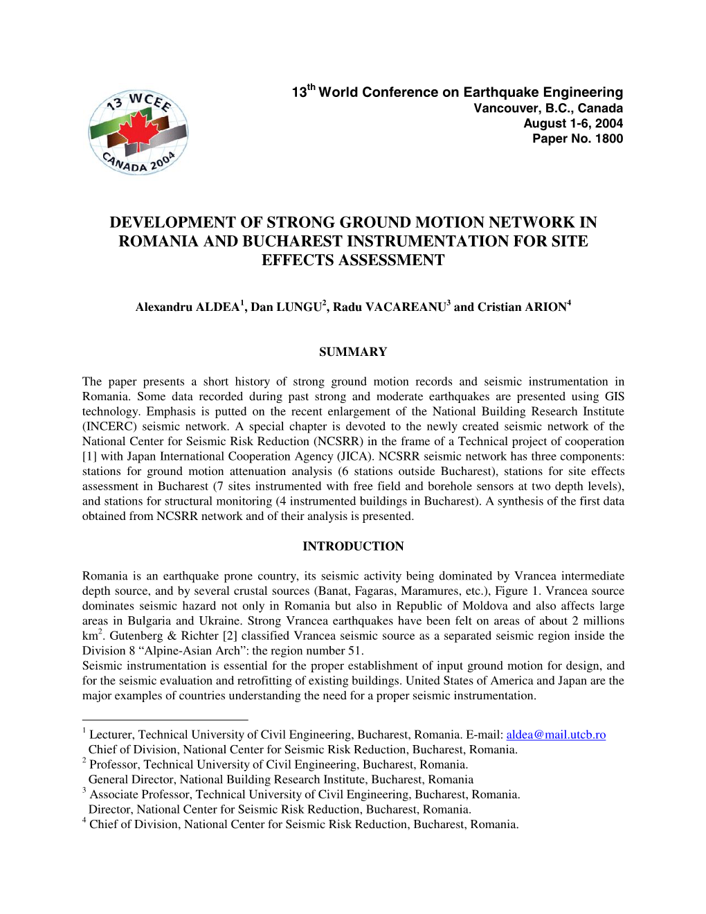 Development of Strong Ground Motion Network in Romania and Bucharest Instrumentation for Site Effects Assessment