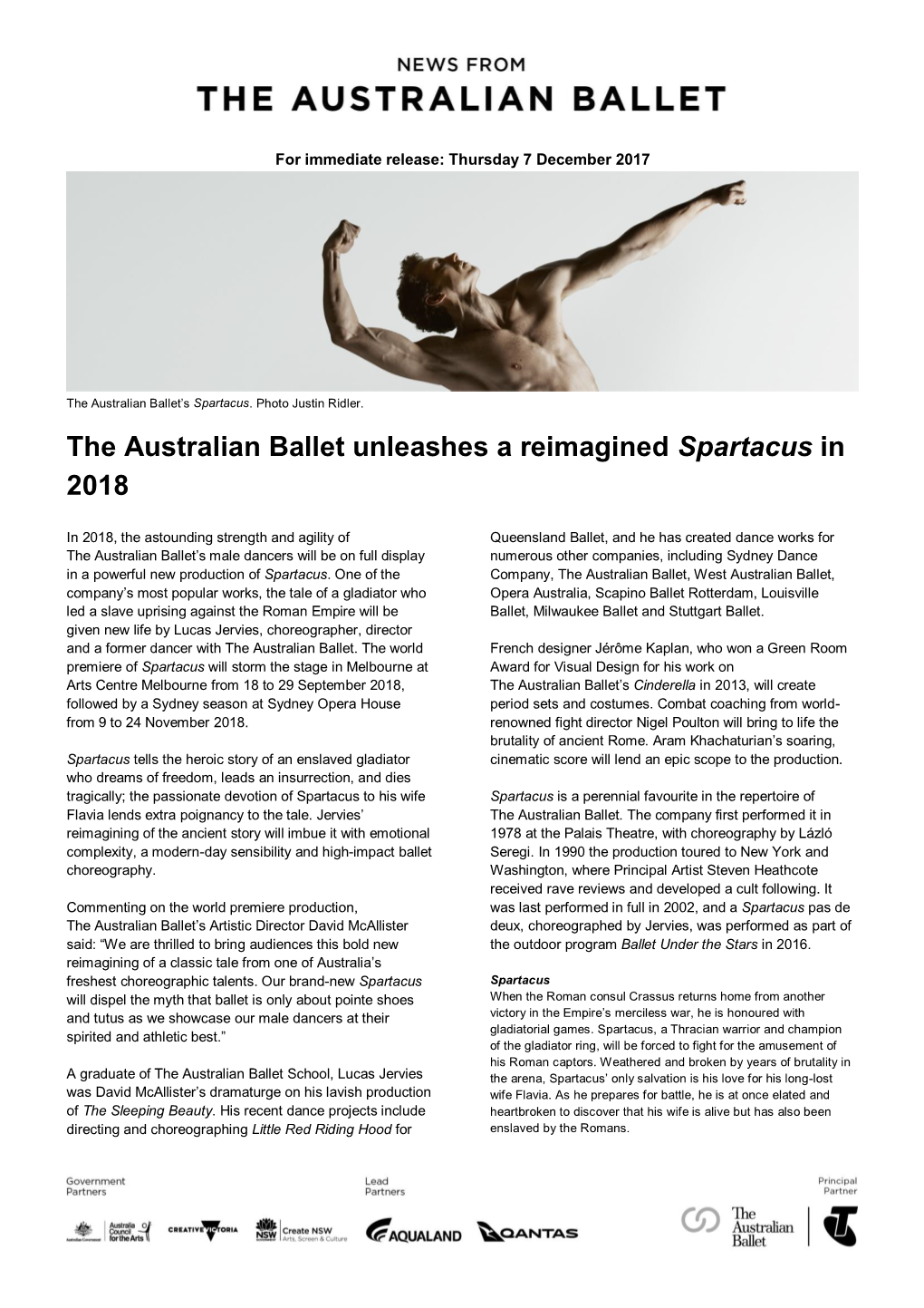 The Australian Ballet Unleashes a Reimagined Spartacus in 2018