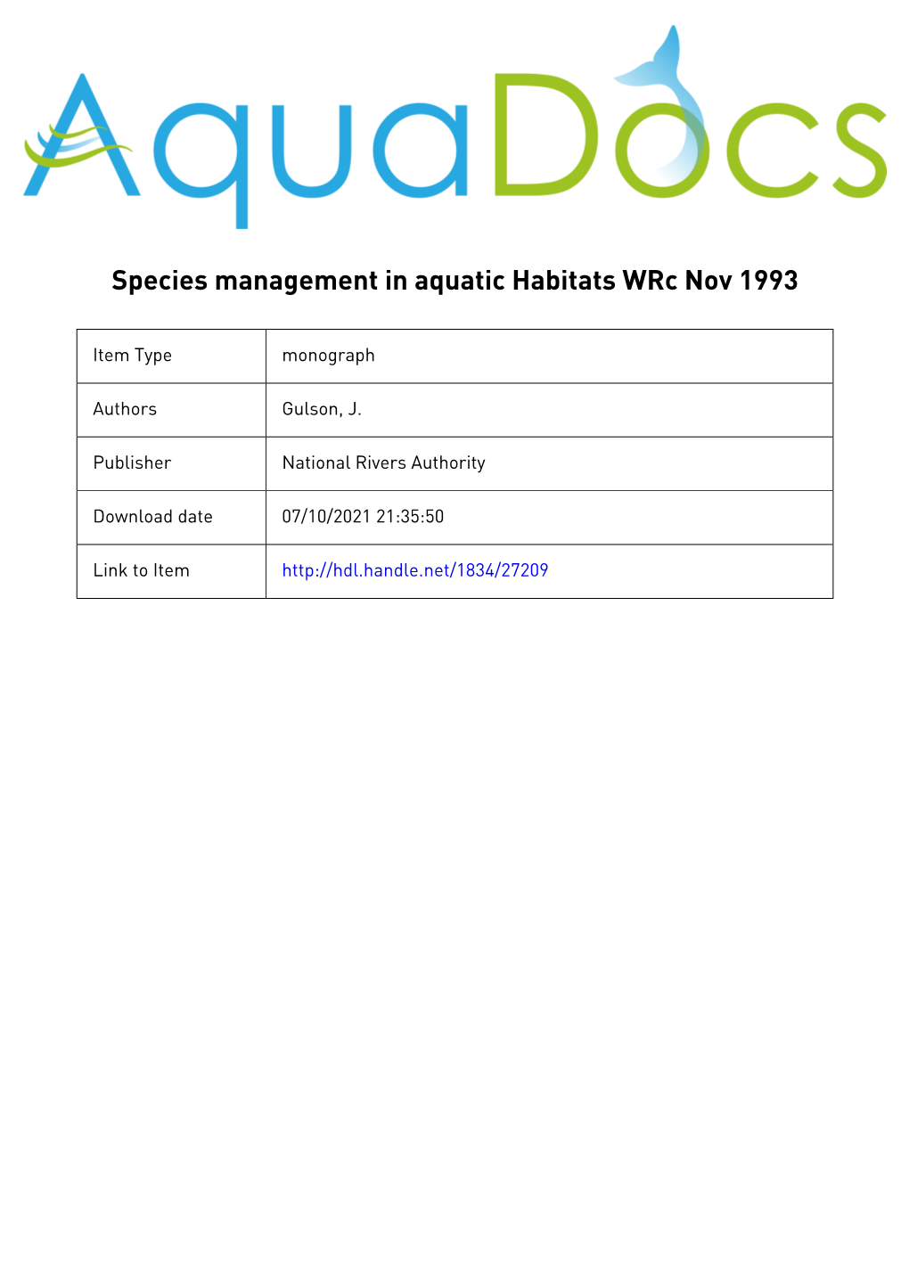 Draft Project Record Project 461 Species Management in Aquatic