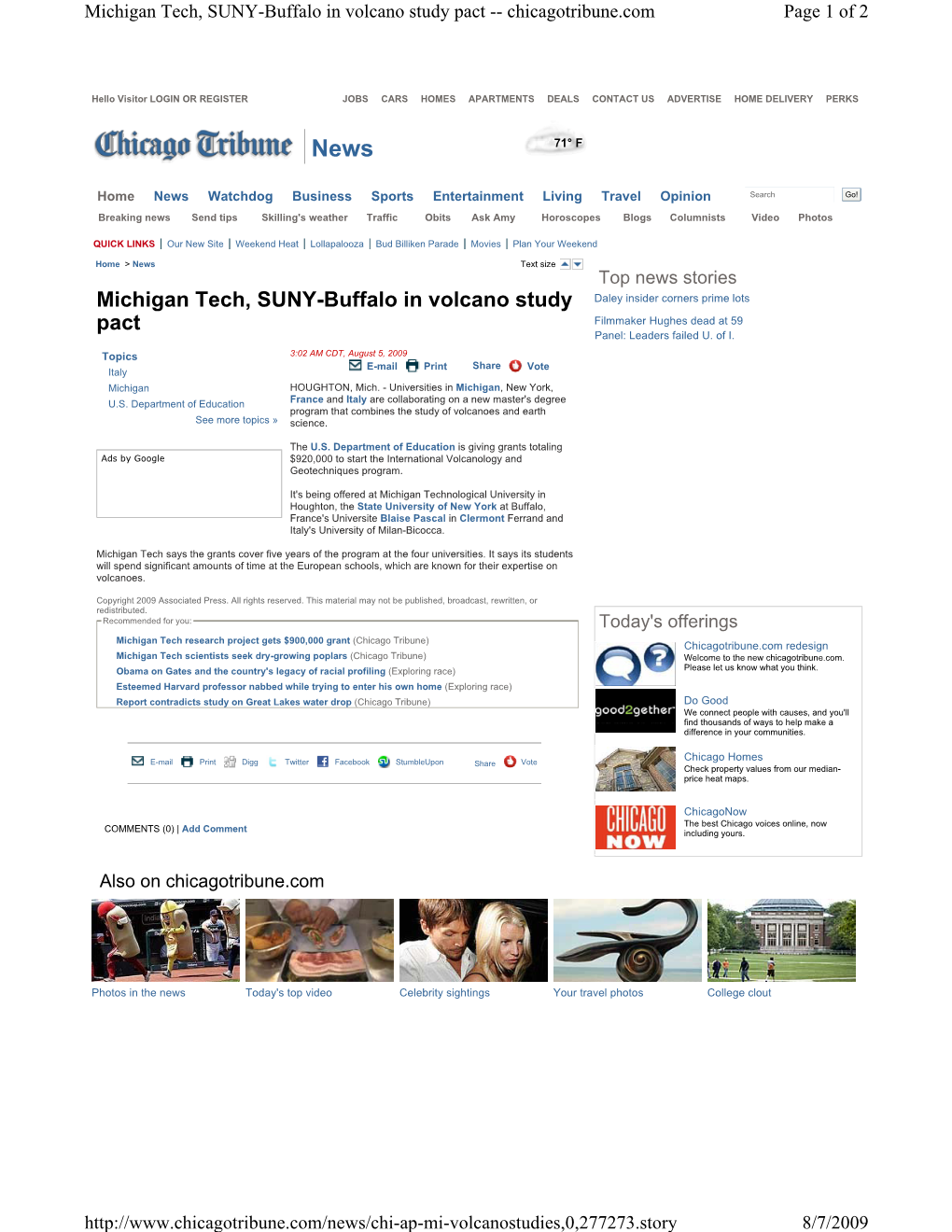 Michigan Tech, SUNY-Buffalo in Volcano Study Pact -- Chicagotribune.Com Page 1 of 2