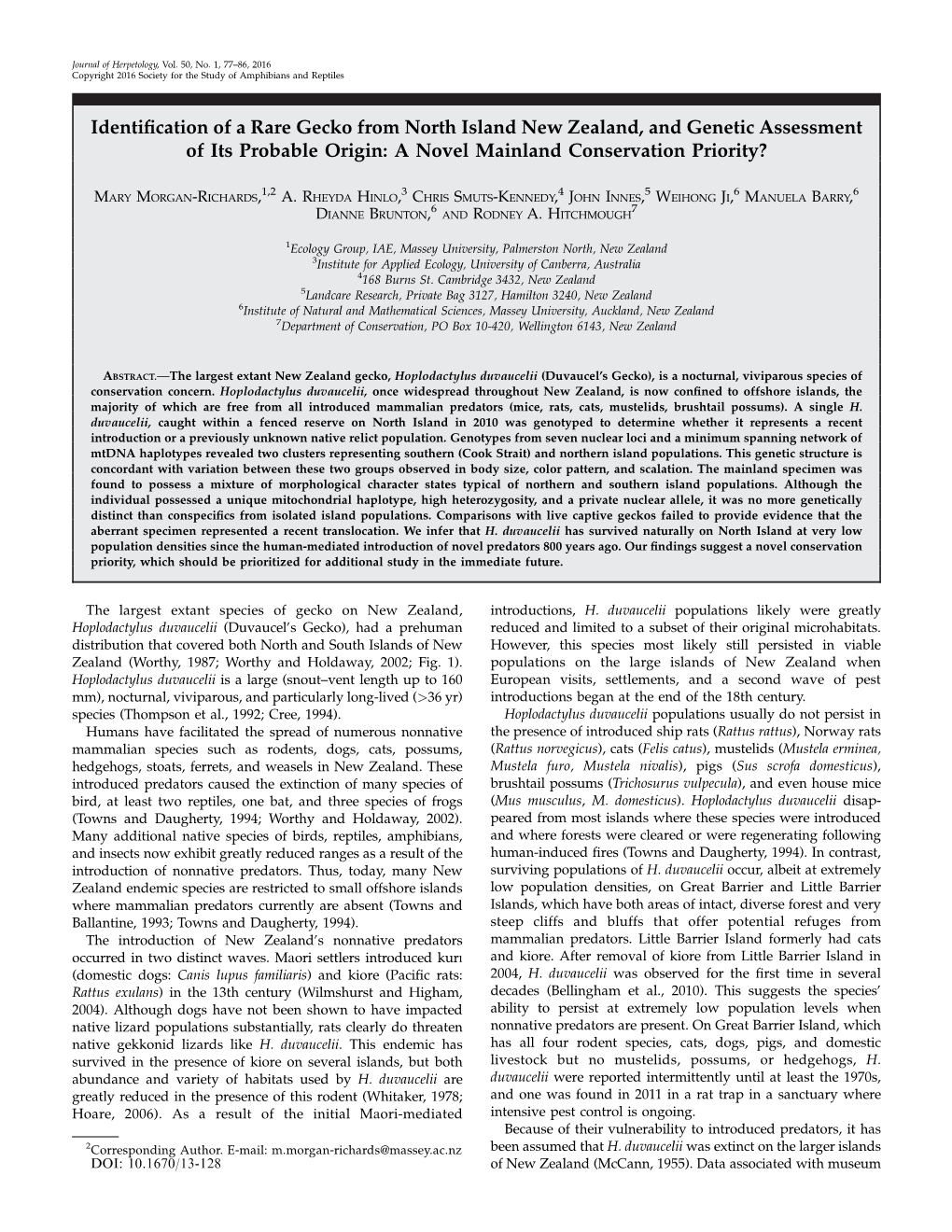 Identification of a Rare Gecko from North Island New Zealand, and Genetic Assessment of Its Probable Origin: a Novel Mainland Co