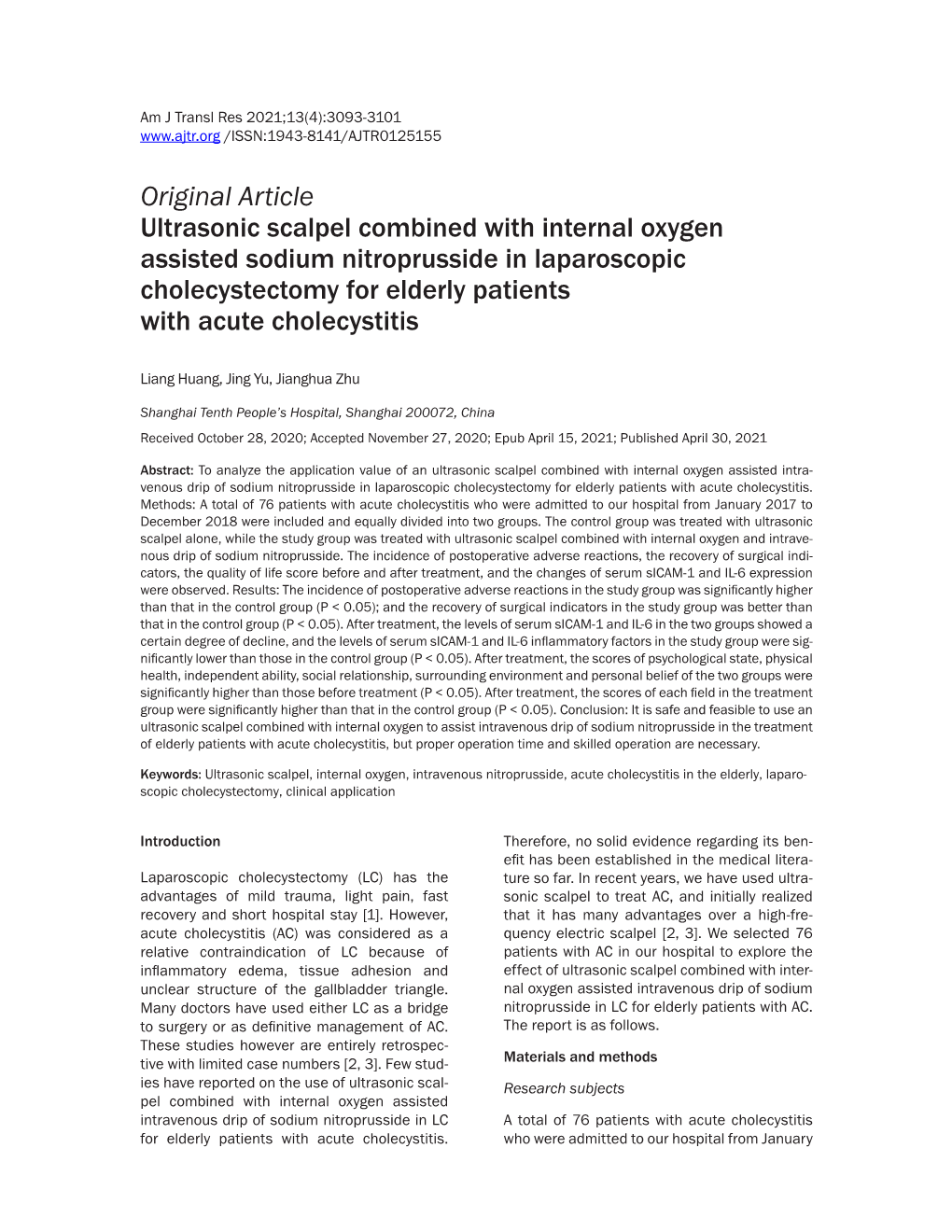 Original Article Ultrasonic Scalpel Combined with Internal Oxygen