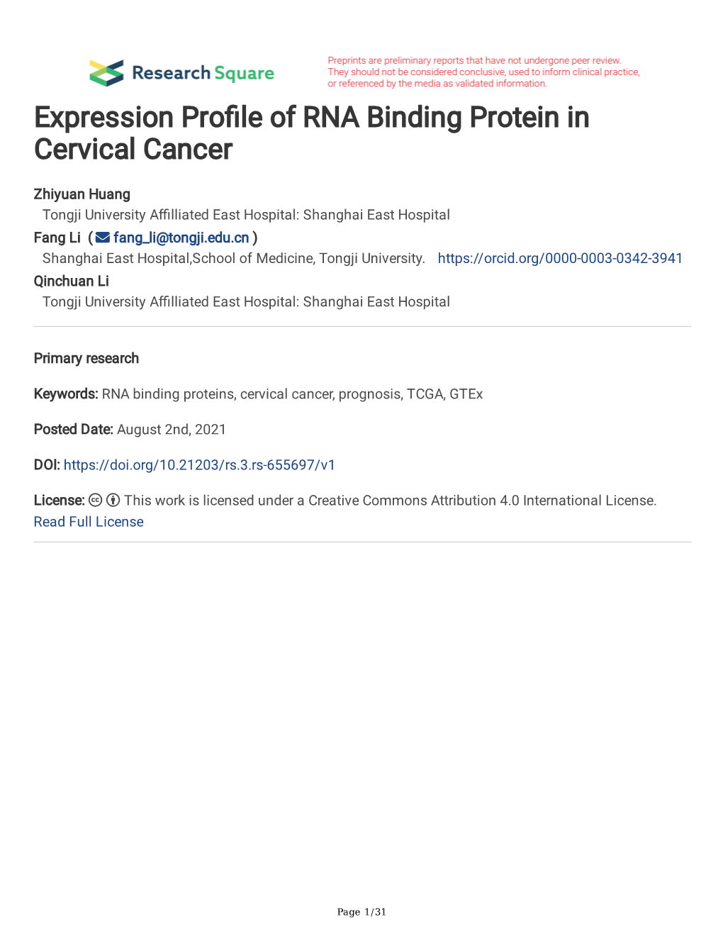 Expression Pro Le of RNA Binding Protein in Cervical Cancer