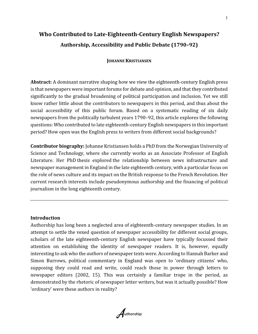 Who Contributed to Late-Eighteenth-Century English Newspapers? Authorship, Accessibility and Public Debate (1790–92)