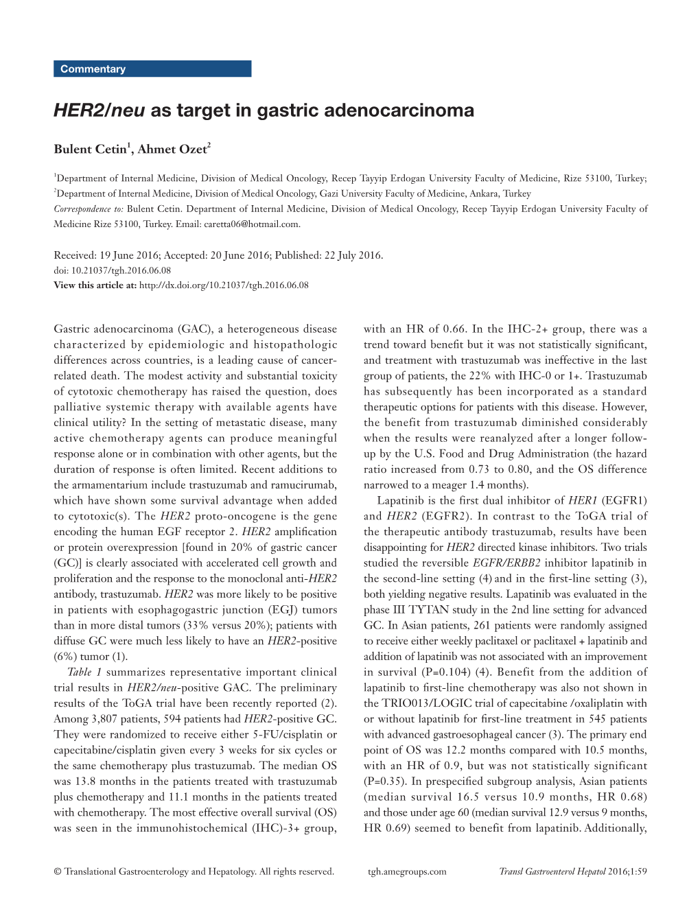 HER2/Neu As Target in Gastric Adenocarcinoma