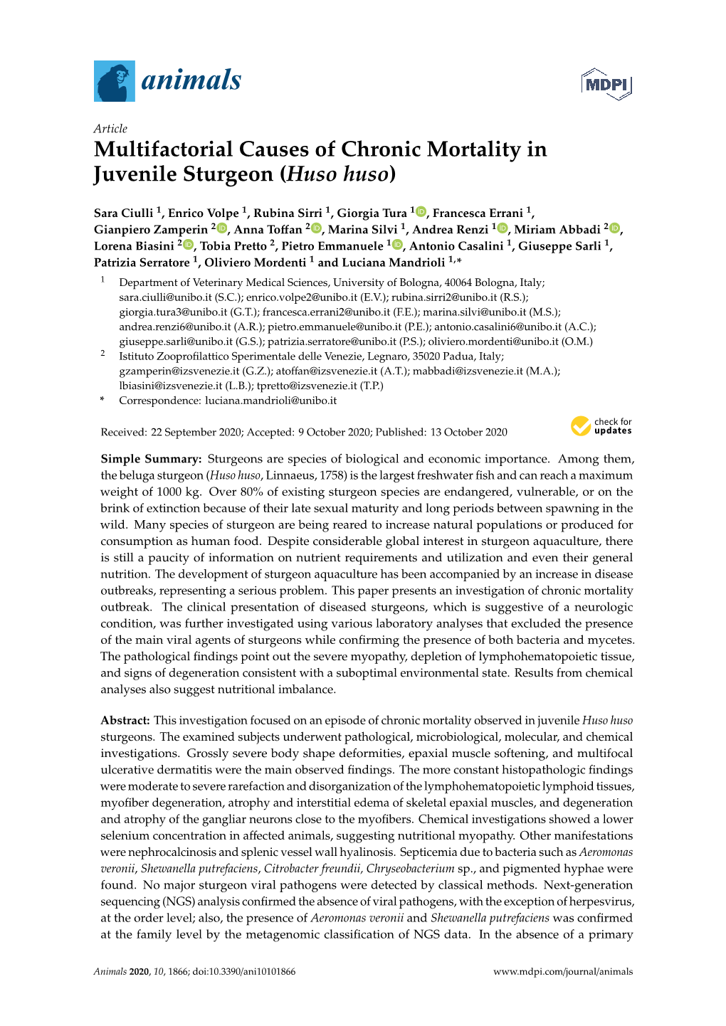 Multifactorial Causes of Chronic Mortality in Juvenile Sturgeon (Huso Huso)