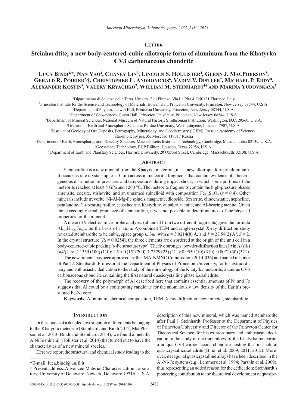 Steinhardtite, a New Body-Centered-Cubic Allotropic Form of Aluminum from the Khatyrka CV3 Carbonaceous Chondrite