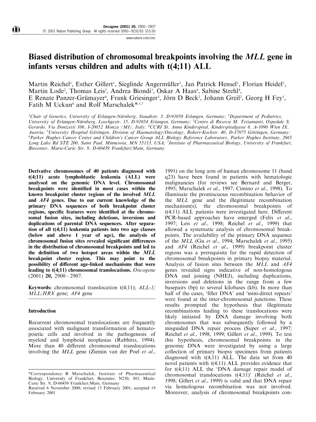 Biased Distribution of Chromosomal Breakpoints Involving the MLL Gene in Infants Versus Children and Adults with T(4;11) ALL