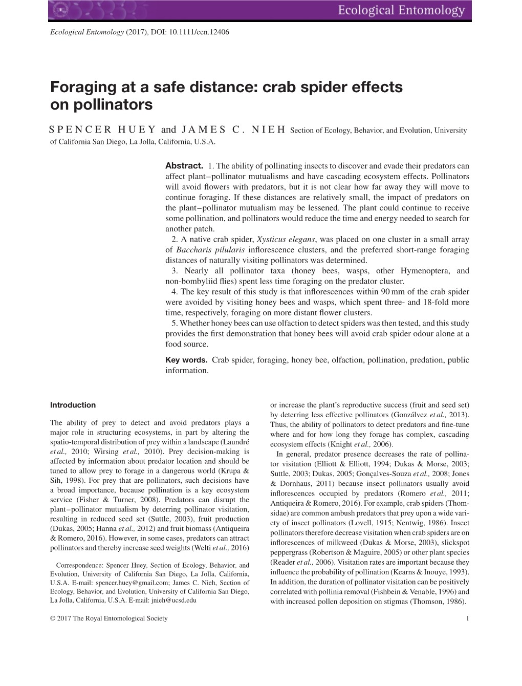 Foraging at a Safe Distance: Crab Spider Effects on Pollinators