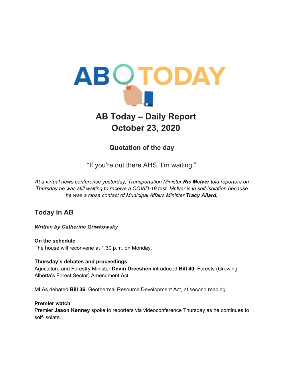 AB Today – Daily Report October 23, 2020