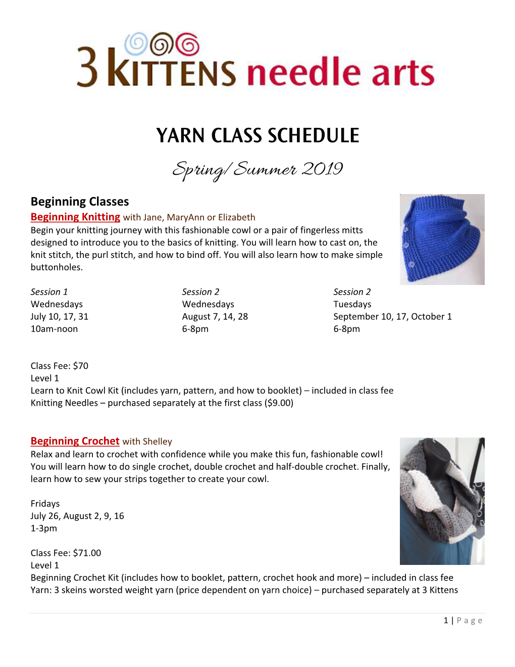 YARN CLASS SCHEDULE Spring/Summer 2019