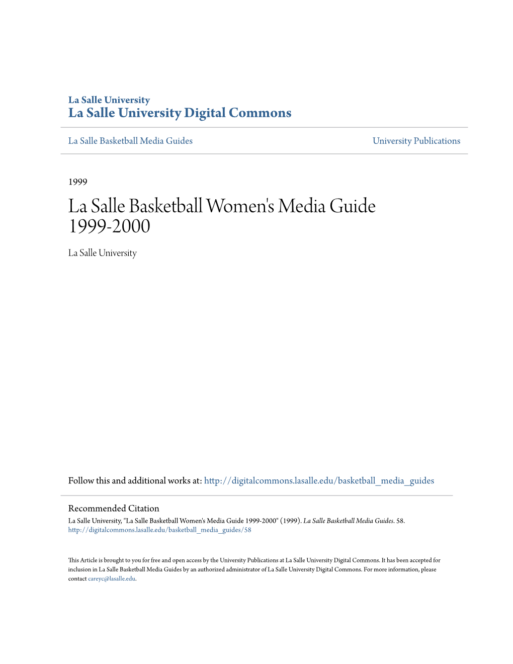 La Salle Basketball Women's Media Guide 1999-2000 La Salle University
