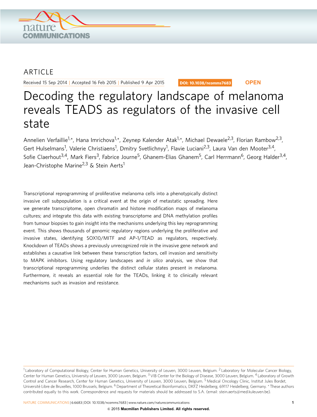 Decoding the Regulatory Landscape of Melanoma Reveals TEADS As Regulators of the Invasive Cell State