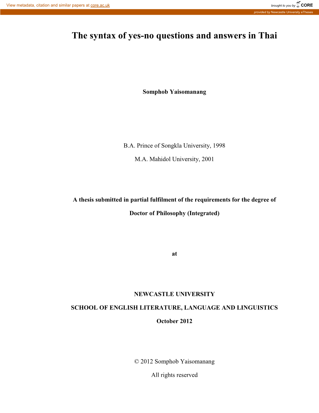 The Syntax of Yes-No Questions and Answers in Thai