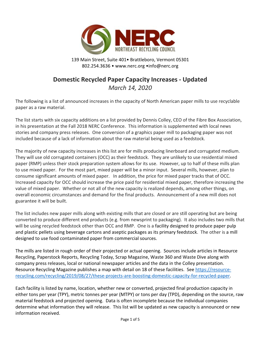 Domestic Recycled Paper Capacity Increases ‐ Updated March 14, 2020