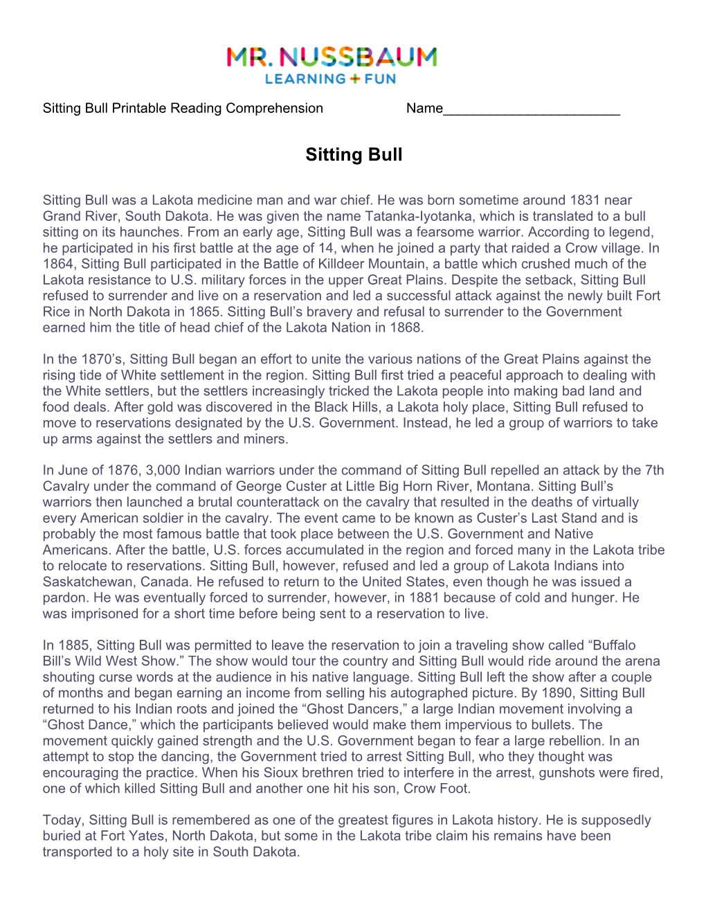 Sitting Bull Printable Reading Comprehension Name______