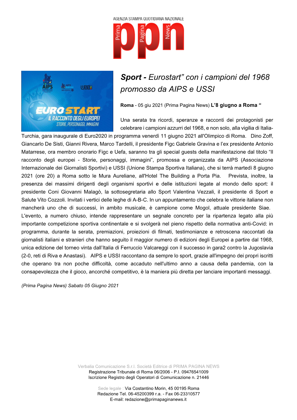 Eurostart” Con I Campioni Del 1968 Promosso Da AIPS E USSI