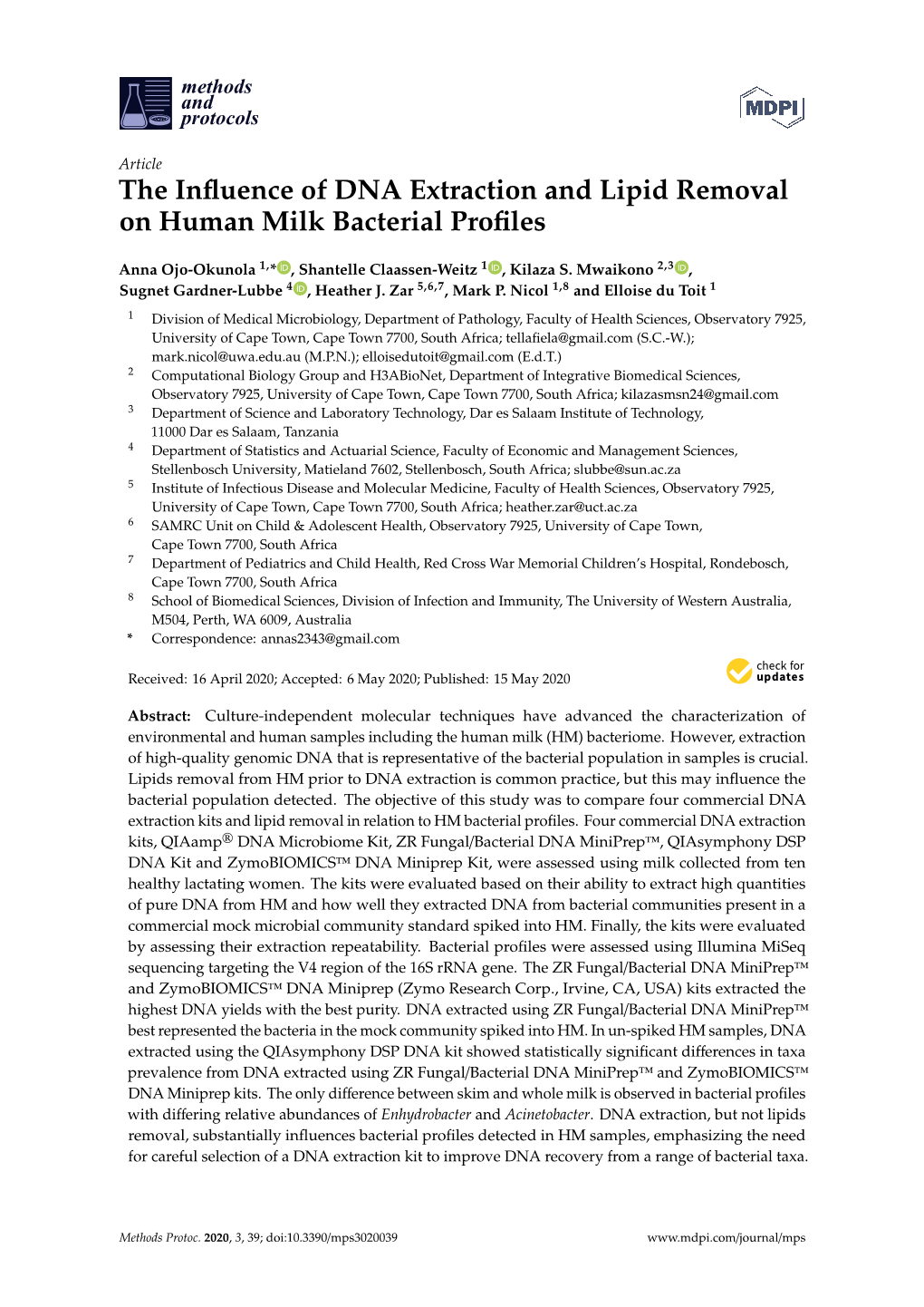 The Influence of DNA Extraction and Lipid Removal on Human Milk