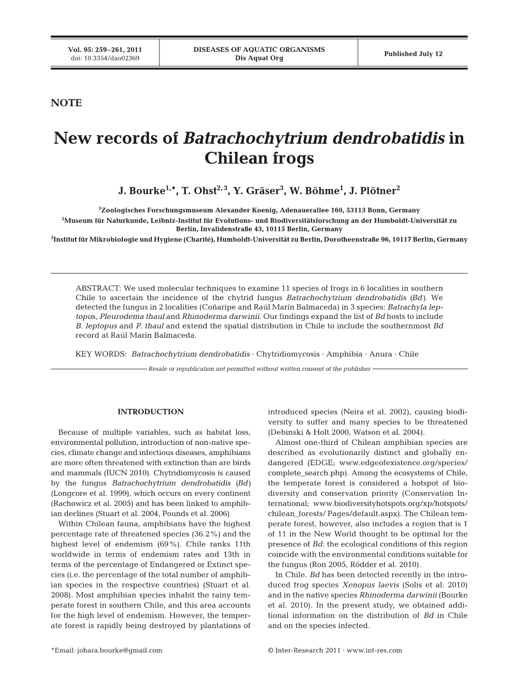 New Records of Batrachochytrium Dendrobatidis in Chilean Frogs