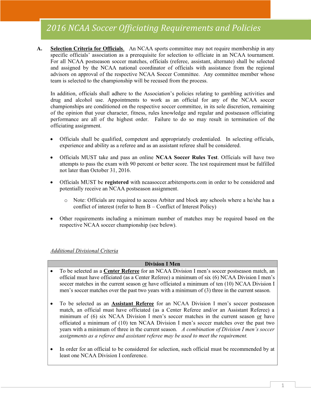 2016 NCAA Soccer Officiating Requirements and Policies