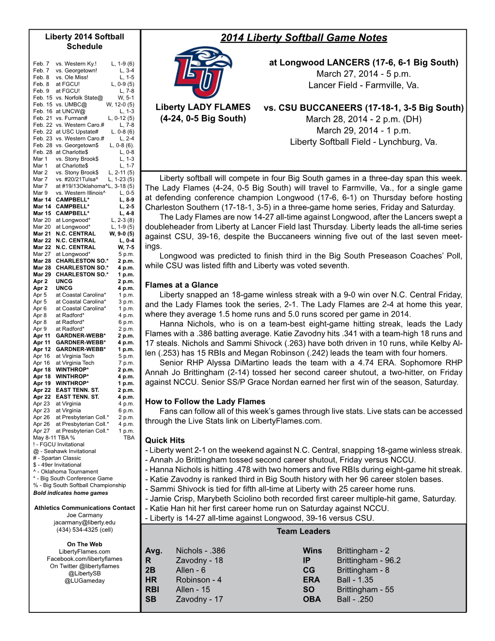 2014 Liberty Softball Game Notes Schedule Feb