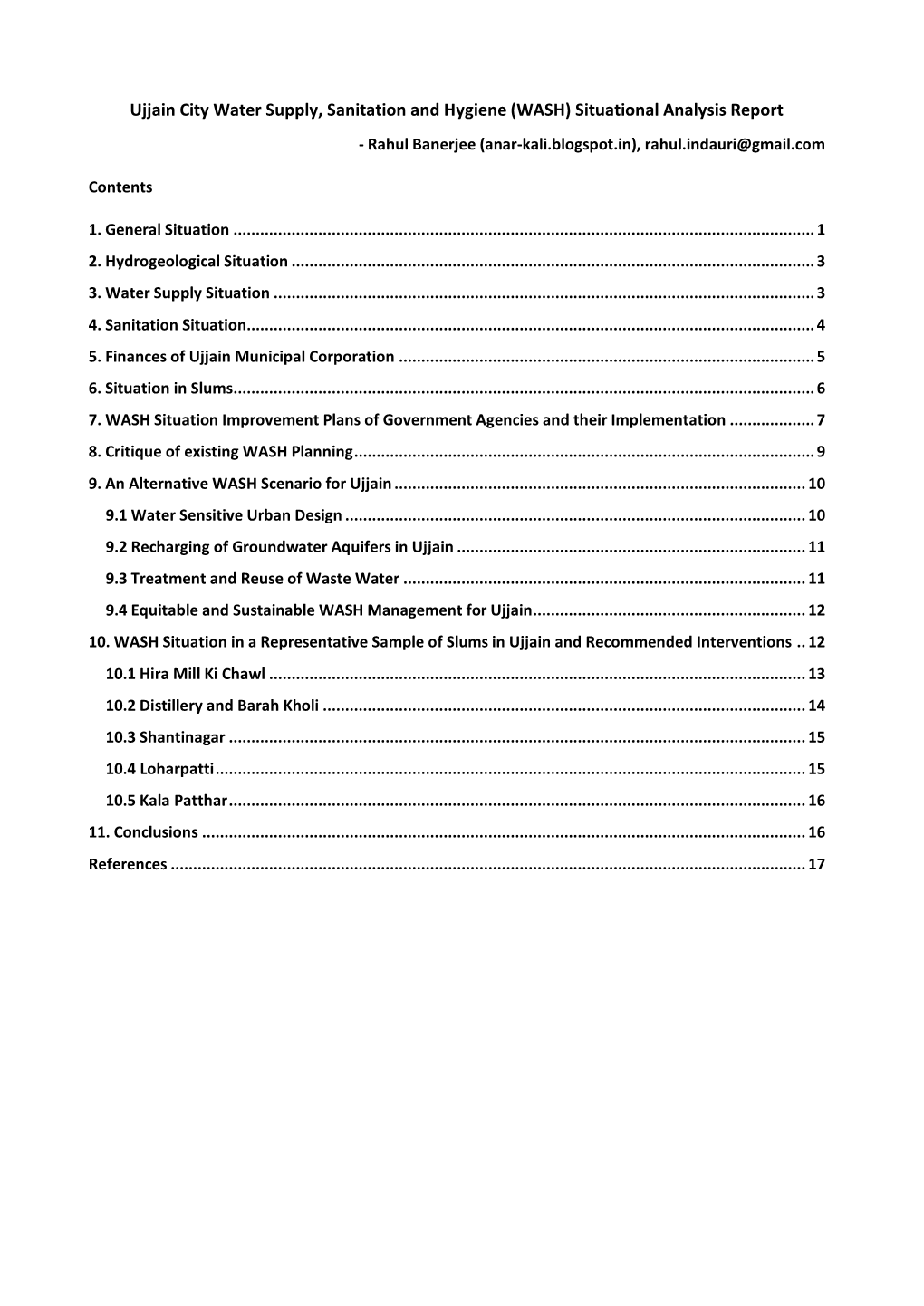 Ujjain City Water Supply, Sanitation and Hygiene (WASH) Situational Analysis Report - Rahul Banerjee (Anar-Kali.Blogspot.In), Rahul.Indauri@Gmail.Com