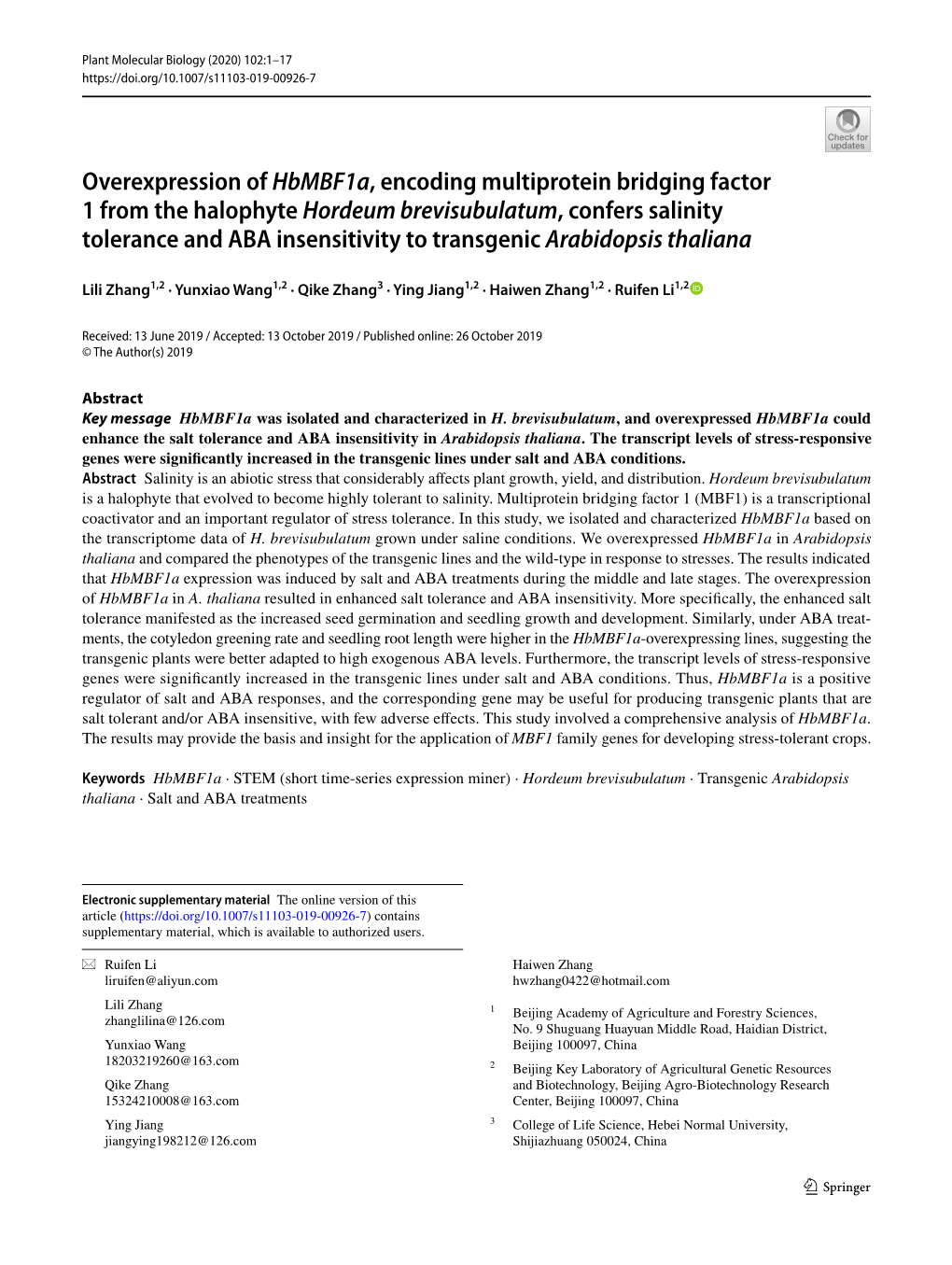 Overexpression of Hbmbf1a, Encoding Multiprotein Bridging