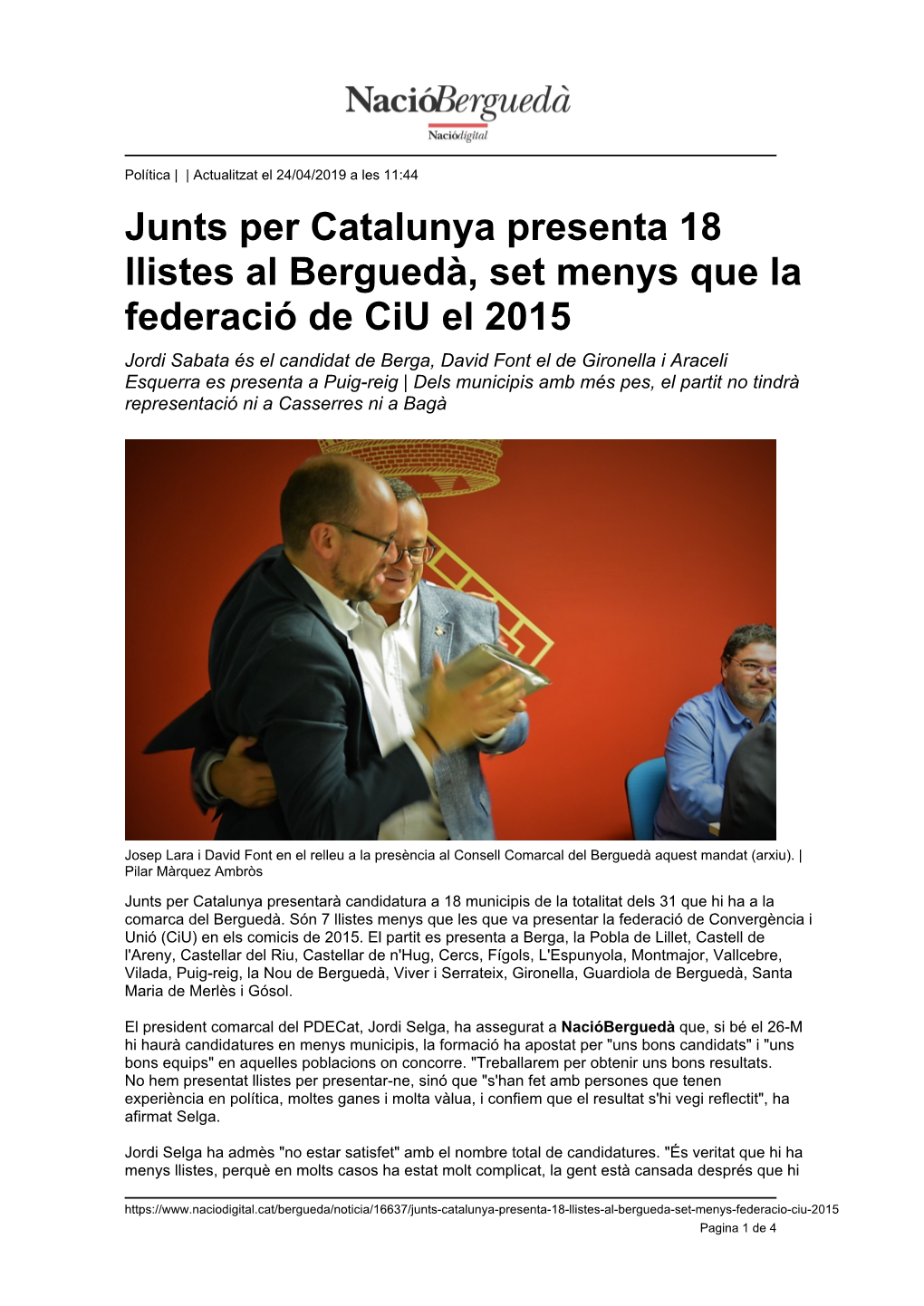 Junts Per Catalunya Presenta 18 Llistes Al Berguedà, Set Menys Que