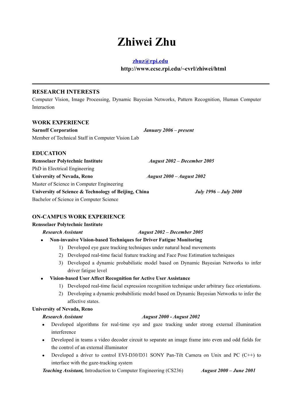 Zhiwei Zhu Resume