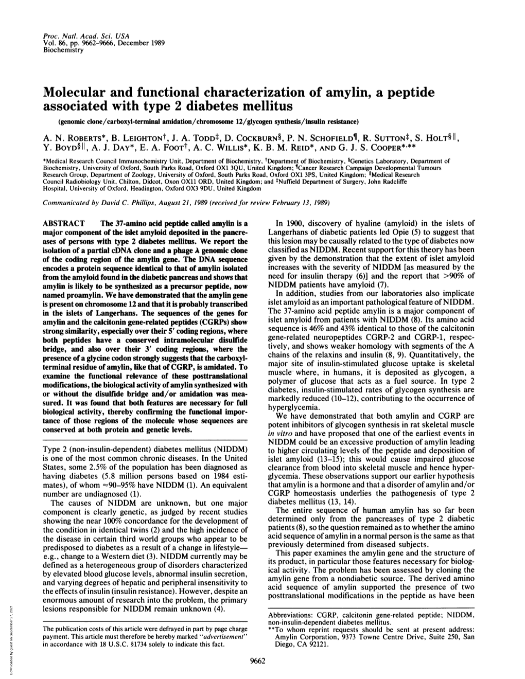 Molecular and Functional Characterization of Amylin, a Peptide Associated with Type 2 Diabetes Mellitus