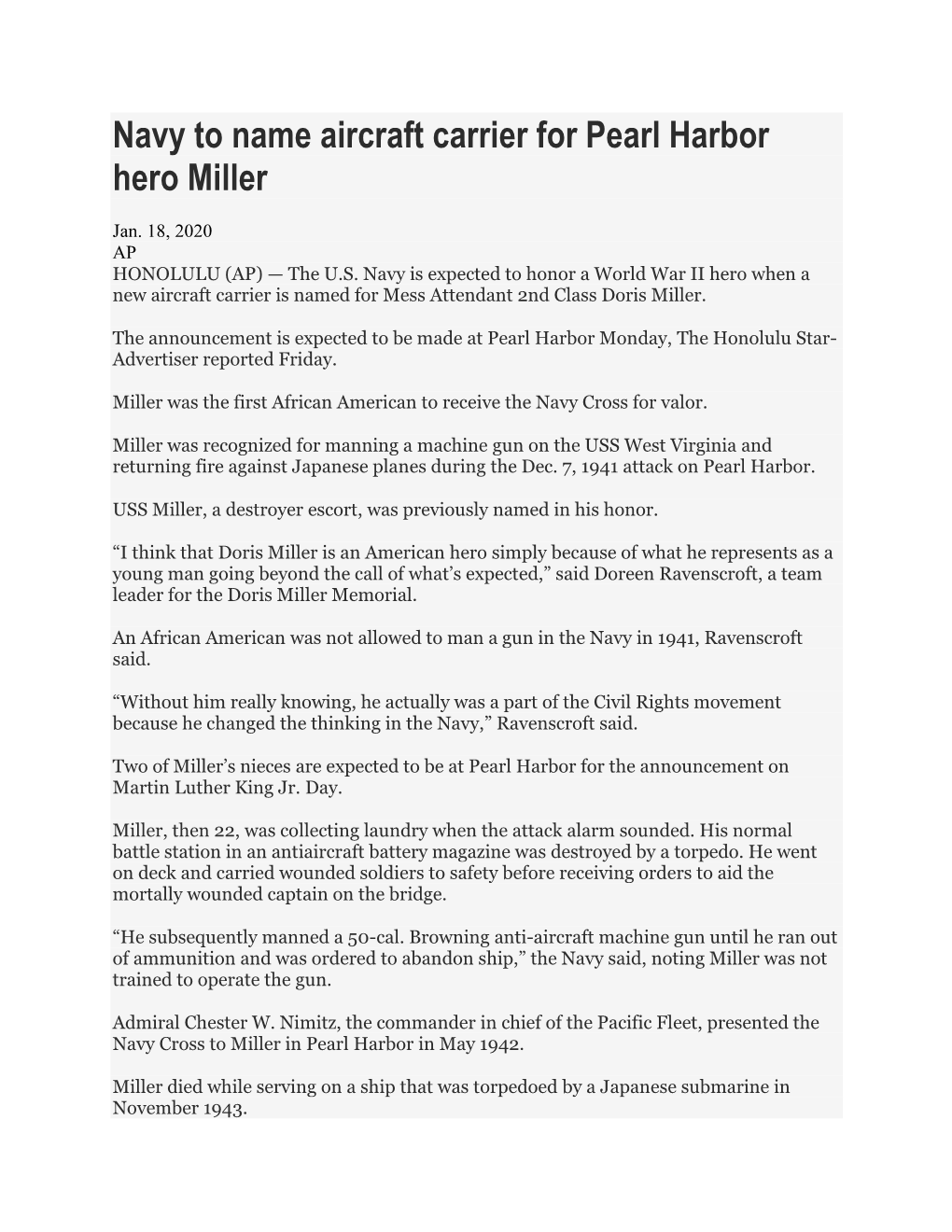 Navy to Name Aircraft Carrier for Pearl Harbor Hero Miller