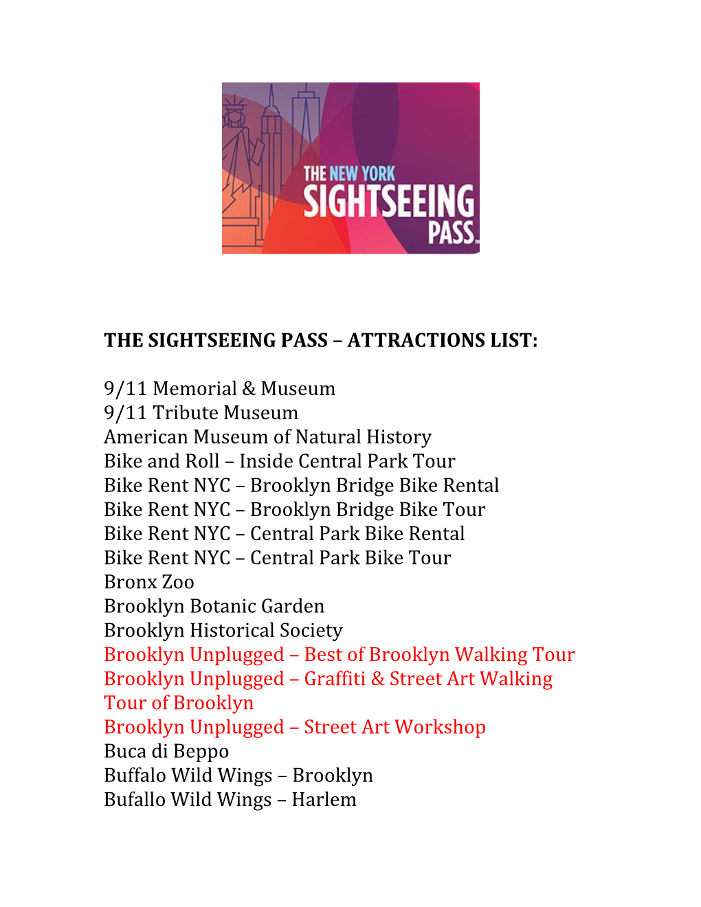 The Sightseeing Pass – Attractions List
